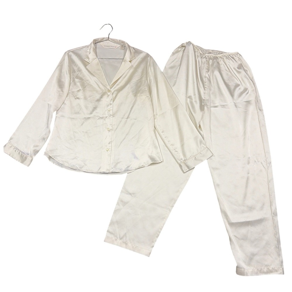 Victoria's Secret Pajama Set Womens S Ivory Satin Button Top Pants Sleepwear
